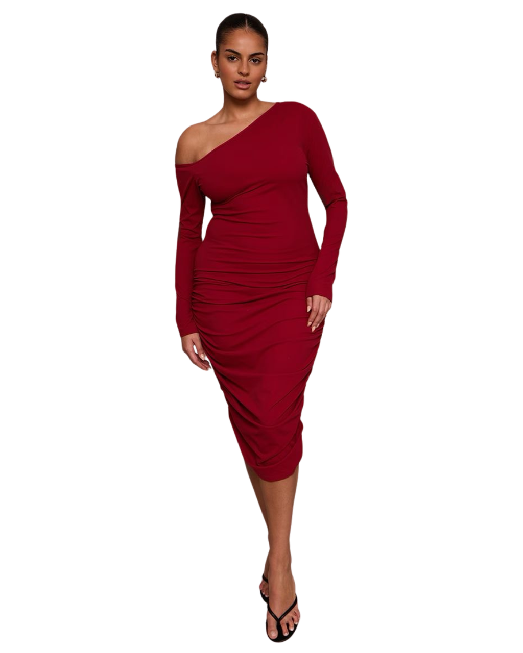 PRETTYLITTLETHING 
Plus Robe mi-longue en Sculpt bordeaux froncée à épaule unique