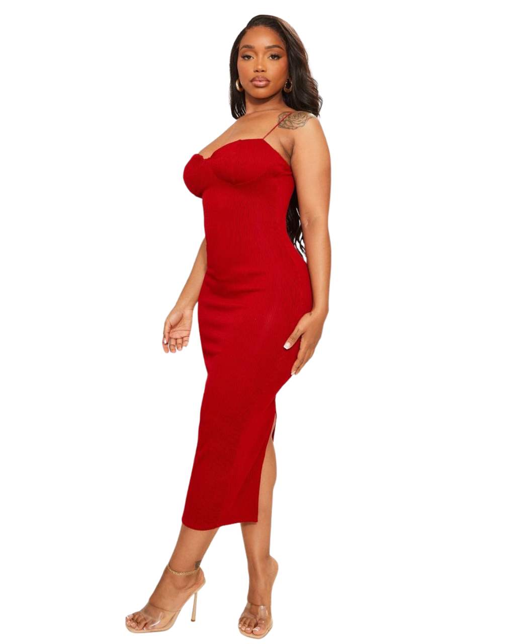 PRETTYLITTLETHING Shape Robe mi-longue plissée rouge à bretelles et bonnets
