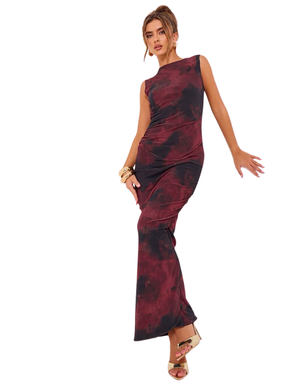 PRETTYLITTLETHING Robe Longue en Mesh Bordeaux Fleuri