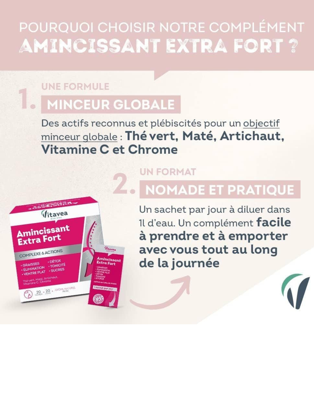 VITAVEA BIEN-ETRE - Amincissant Extra Fort - Préparation Minceur 6 actions - Ventre plat, Graisse, Elimination, Sucres, Détox - Thé Vert, Maté, Artichaut, Chrome, Vitamine C - 20 sachets