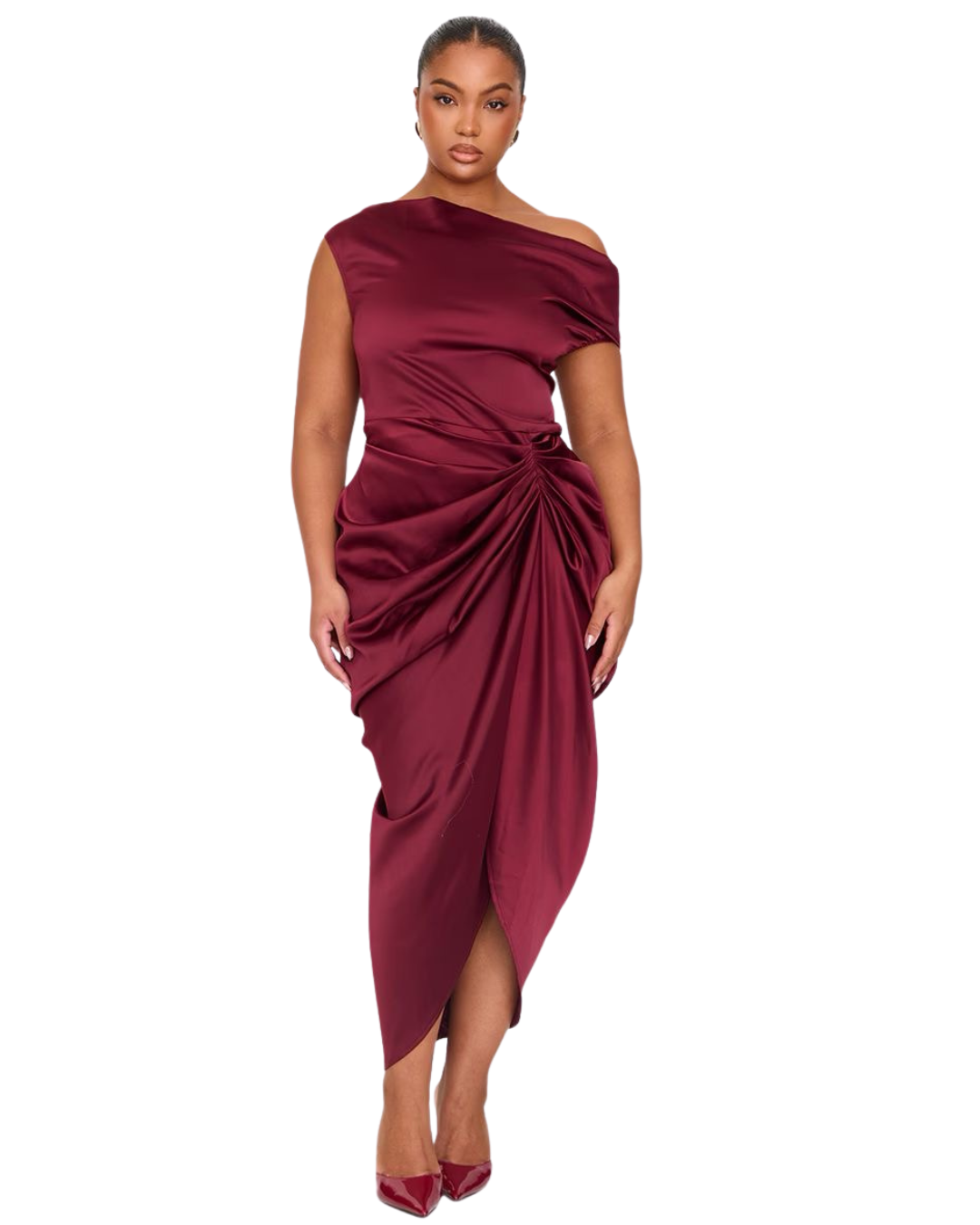 PRETTYLITTLETHING Robe mi-longue  Satinée drapée Bordeaux à épaules dénudées