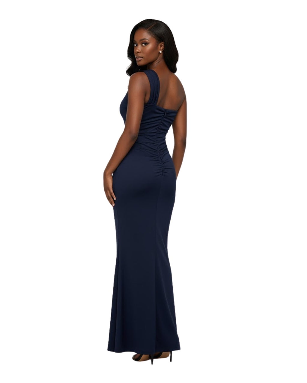 Robe asymétrique à volants et queue de poisson avec décoration de broche dorée Bleu marine