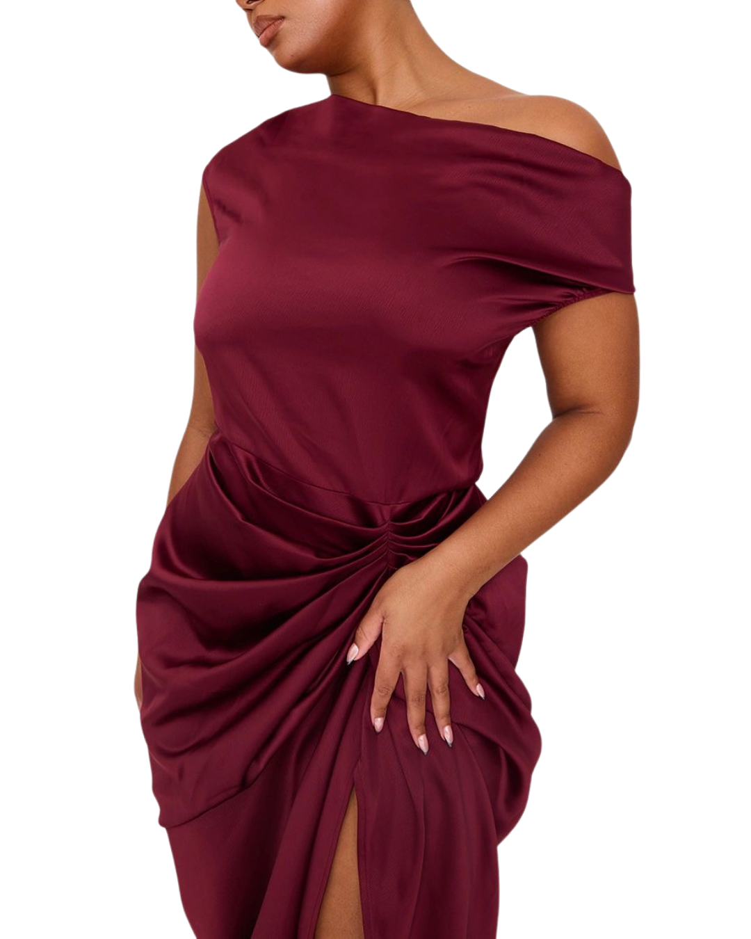 PRETTYLITTLETHING Robe mi-longue  Satinée drapée Bordeaux à épaules dénudées