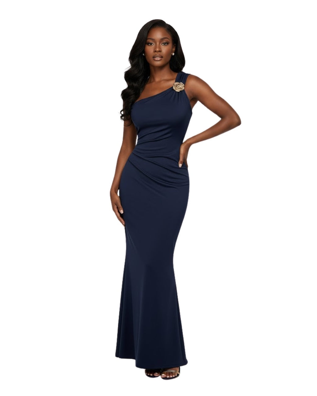 Robe asymétrique à volants et queue de poisson avec décoration de broche dorée Bleu marine