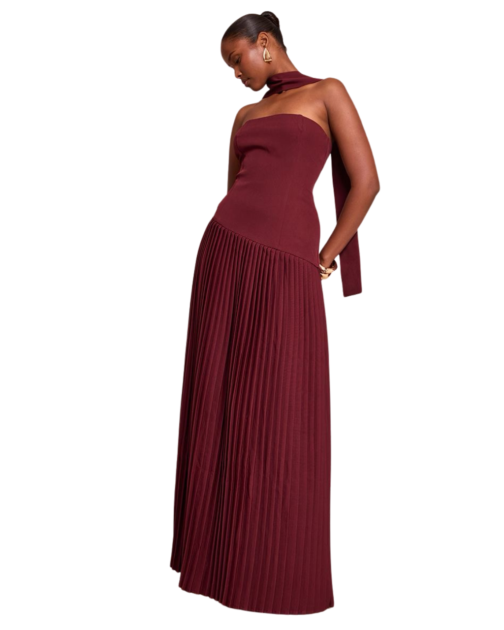 PRETTYLITTLETHING Robe Longue Tissée Rouge Vin Plissée à Taille Asymétrique