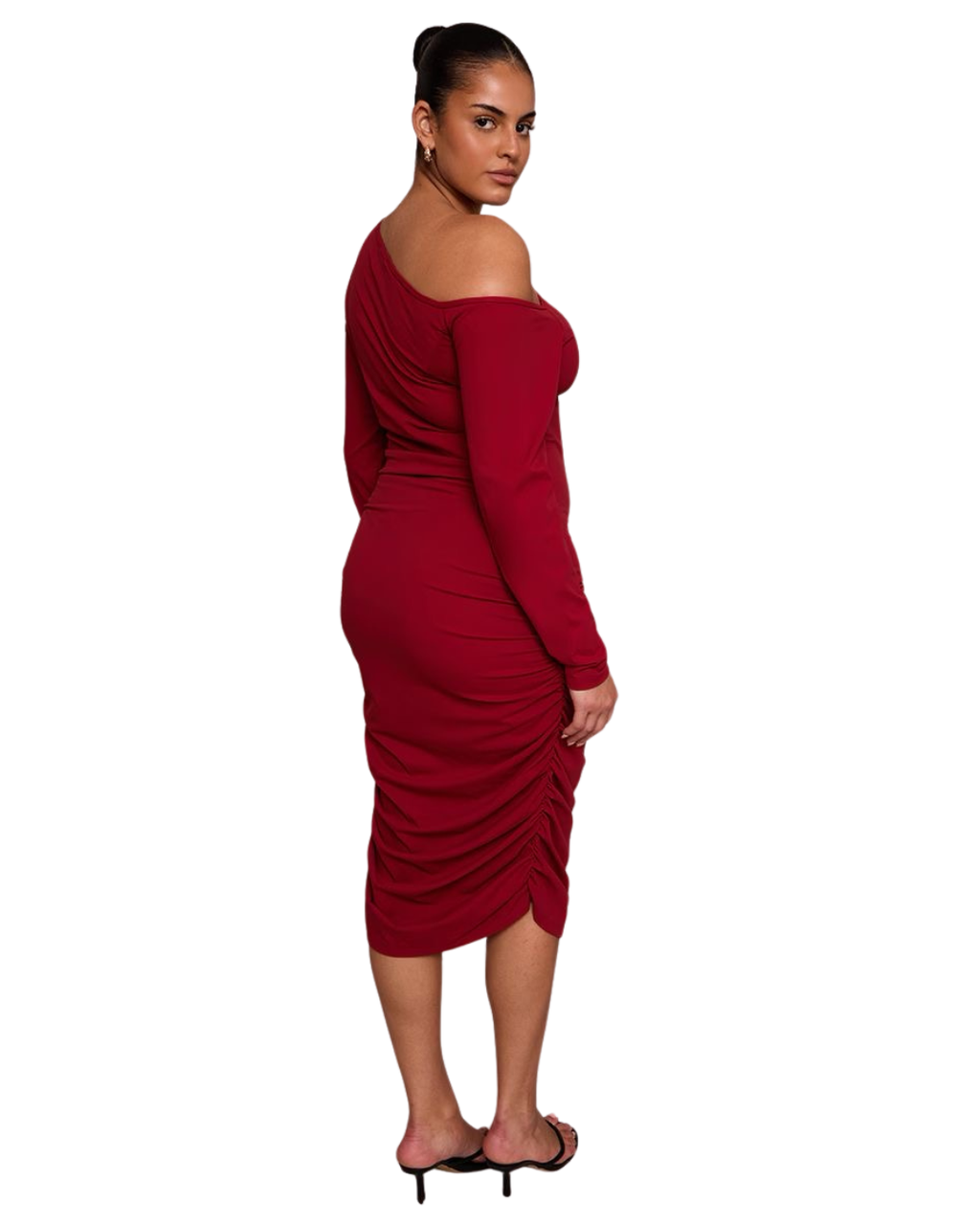 PRETTYLITTLETHING 
Plus Robe mi-longue en Sculpt bordeaux froncée à épaule unique