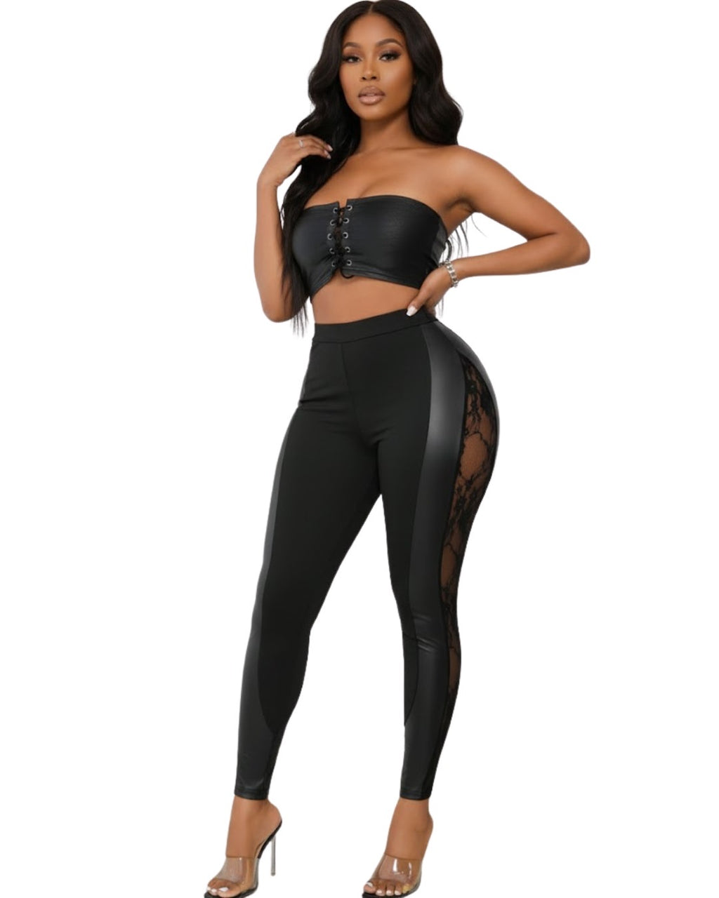 Leggings transparents sexy noirs en dentelle contrastée pour femme