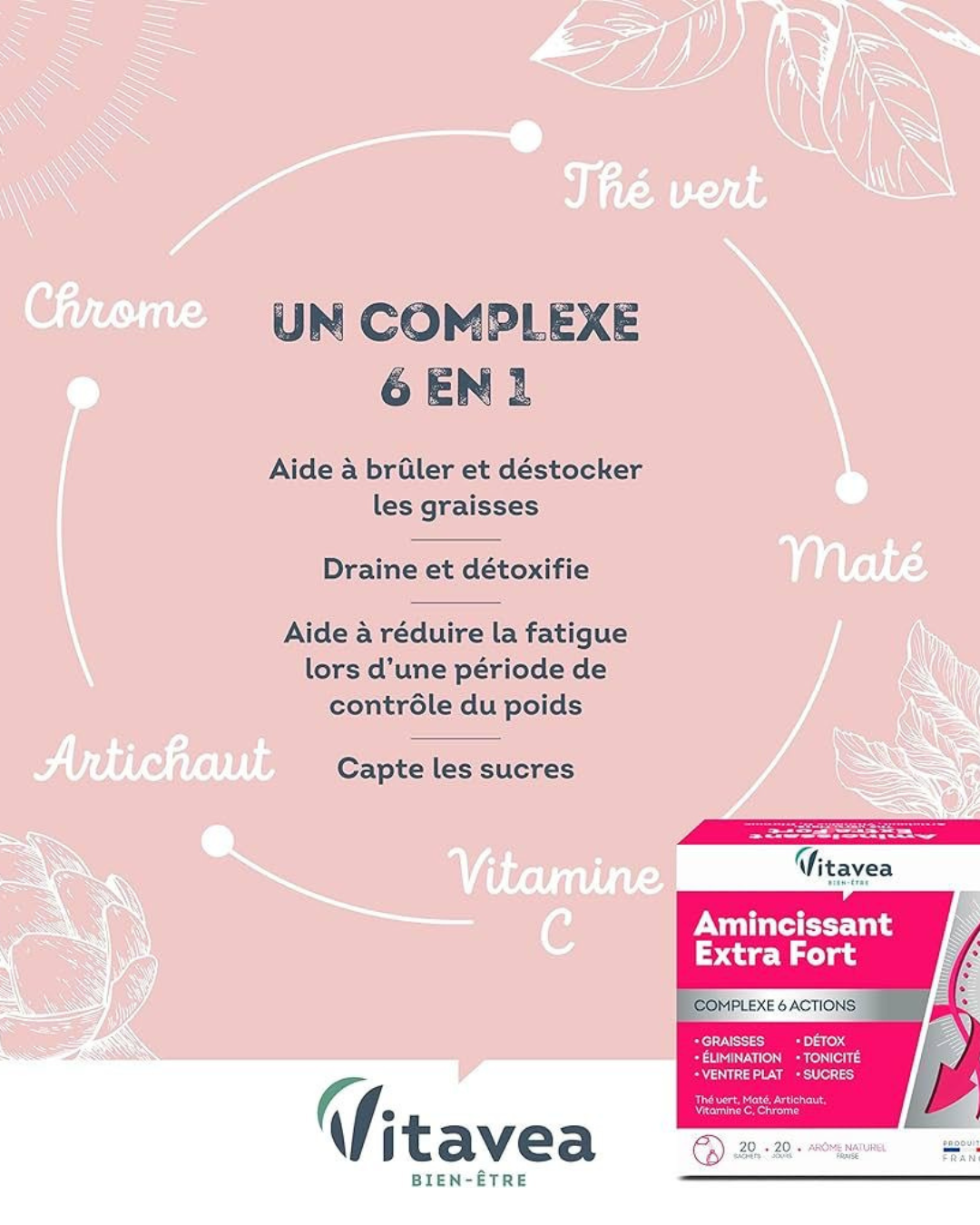 VITAVEA BIEN-ETRE - Amincissant Extra Fort - Préparation Minceur 6 actions - Ventre plat, Graisse, Elimination, Sucres, Détox - Thé Vert, Maté, Artichaut, Chrome, Vitamine C - 20 sachets
