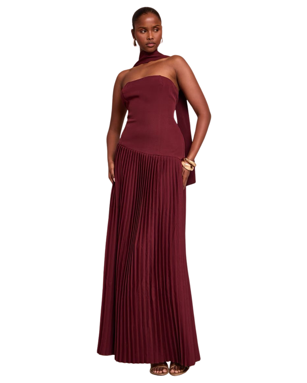 PRETTYLITTLETHING Robe Longue Tissée Rouge Vin Plissée à Taille Asymétrique