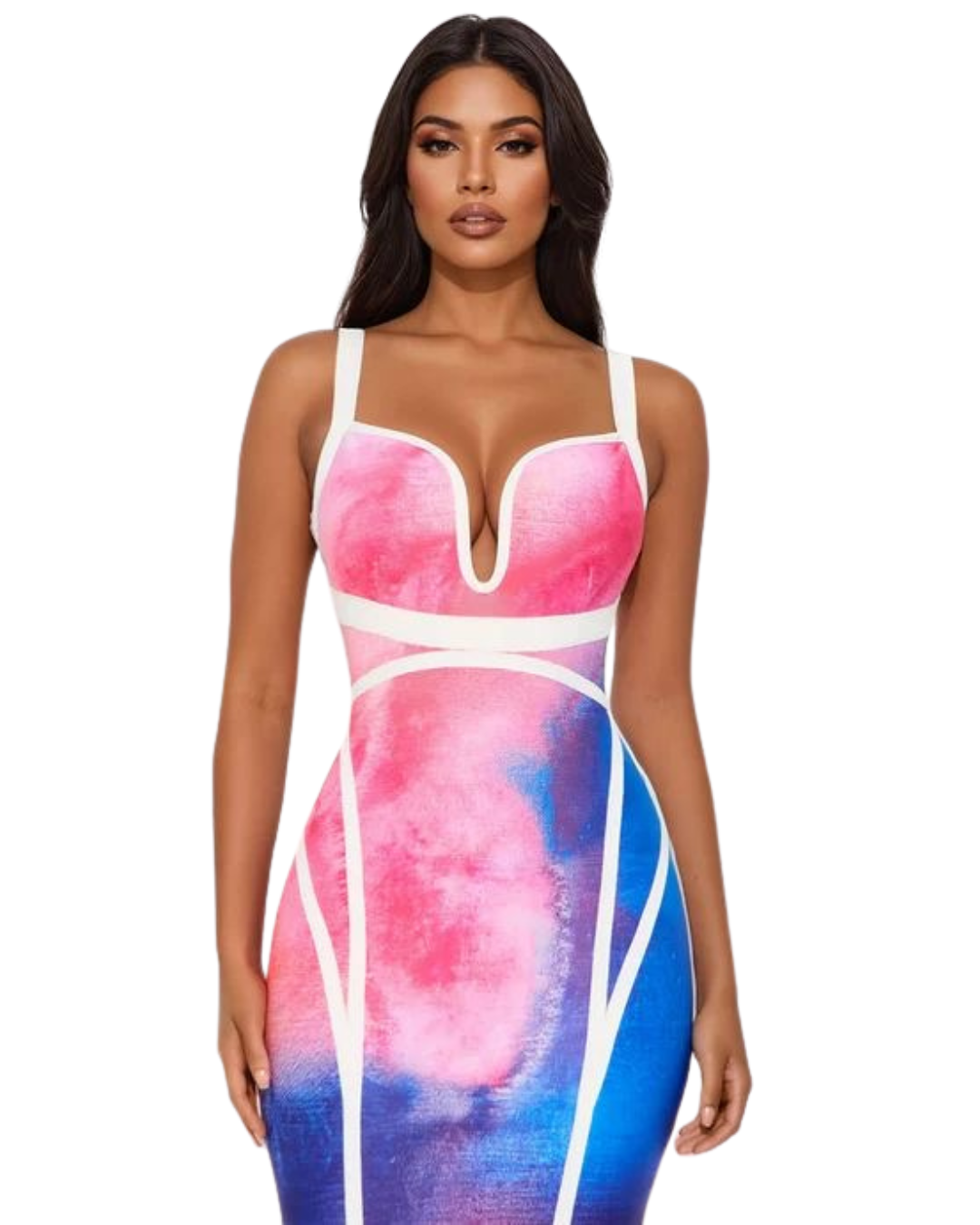 FASHIONNOVA High Aspirations Watercolor Bandage Midi Dress - Pink/combo
