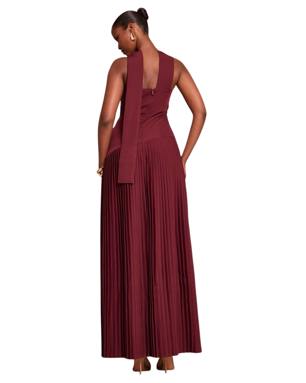 PRETTYLITTLETHING Robe Longue Tissée Rouge Vin Plissée à Taille Asymétrique