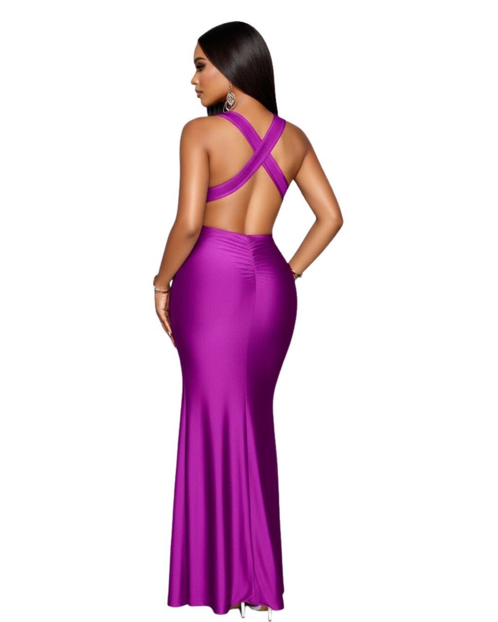 Robe maxi ajustée et évasée au dos nu avec col en V profond Prune
