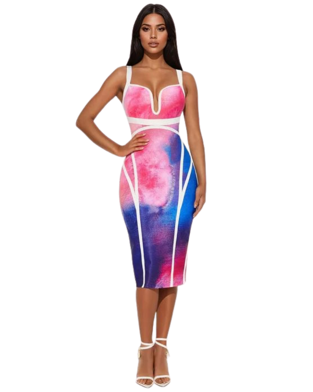 FASHIONNOVA High Aspirations Watercolor Bandage Midi Dress - Pink/combo