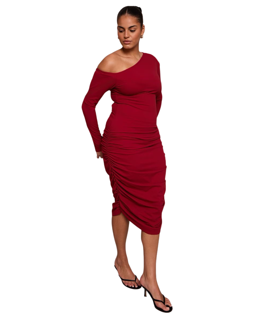 PRETTYLITTLETHING 
Plus Robe mi-longue en Sculpt bordeaux froncée à épaule unique