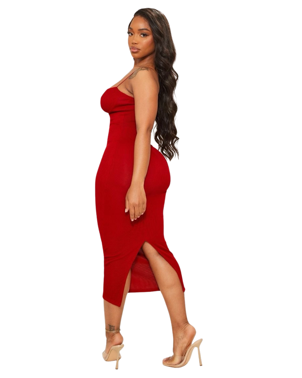 PRETTYLITTLETHING Shape Robe mi-longue plissée rouge à bretelles et bonnets