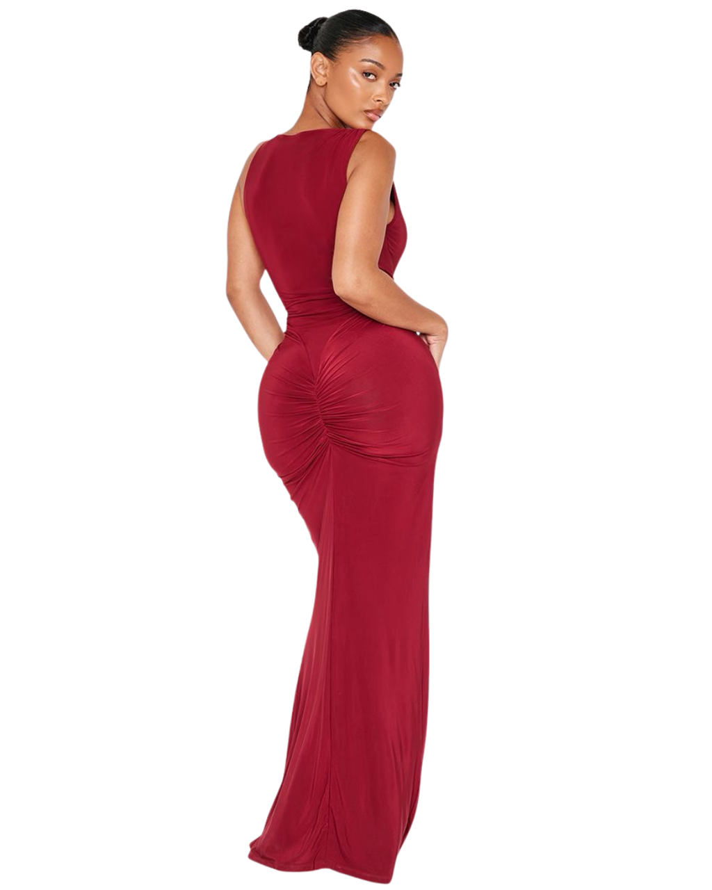 PRETTYLITTLETHING Shape Robe Longue Bordeaux Sans Manches à Taille en V Froncée