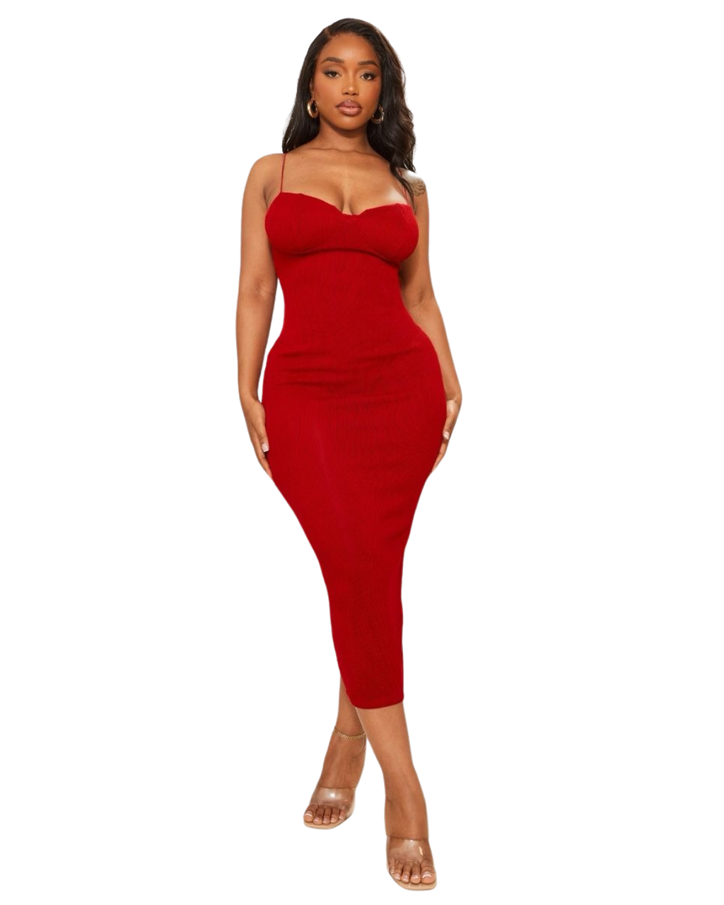 PRETTYLITTLETHING Shape Robe mi-longue plissée rouge à bretelles et bonnets