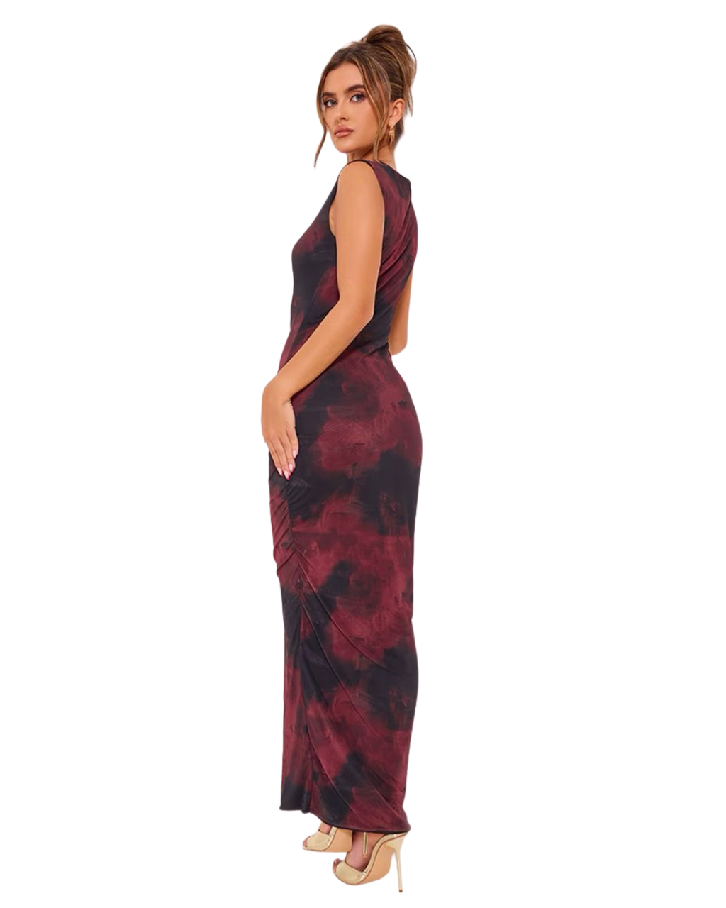 PRETTYLITTLETHING Robe Longue en Mesh Bordeaux Fleuri