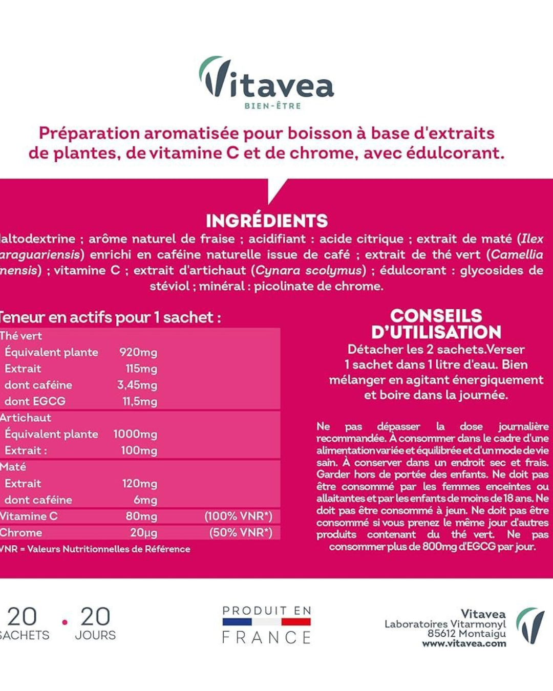 VITAVEA BIEN-ETRE - Amincissant Extra Fort - Préparation Minceur 6 actions - Ventre plat, Graisse, Elimination, Sucres, Détox - Thé Vert, Maté, Artichaut, Chrome, Vitamine C - 20 sachets