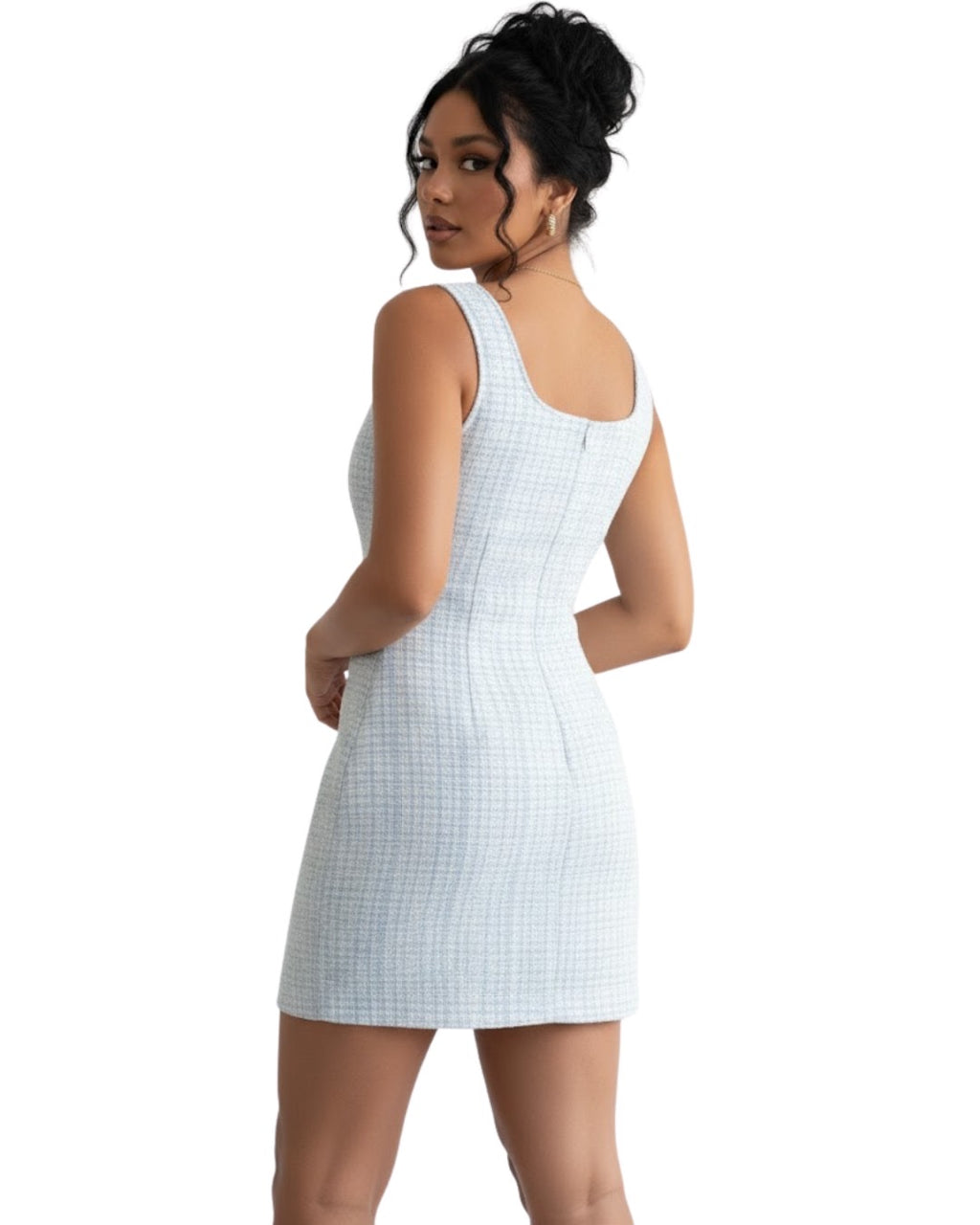 Elenzga Robe d'été élégante à carreaux sans manches avec taille cintrée Bleu azur