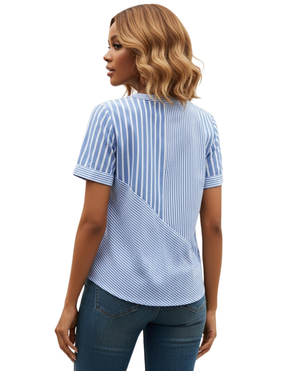 Chemise femme décontractée, ample, à rayures, col V, manches courtes Bleu