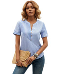 Chemise femme décontractée, ample, à rayures, col V, manches courtes Bleu