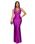 Robe maxi ajustée et évasée au dos nu avec col en V profond Prune