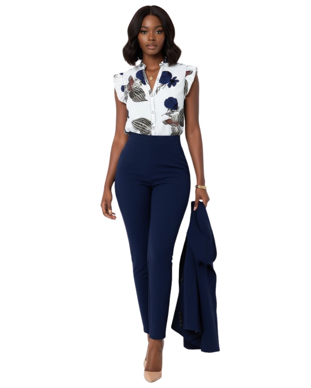 Ensemble 2 pièces : blouse décontractée d'été à imprimé végétal Bleu marine