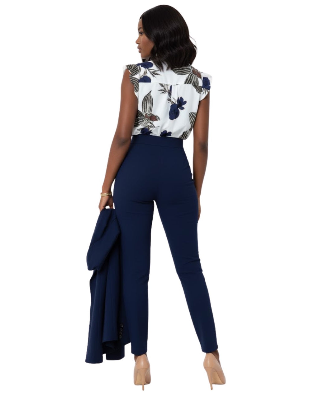 Ensemble 2 pièces : blouse décontractée d'été à imprimé végétal Bleu marine
