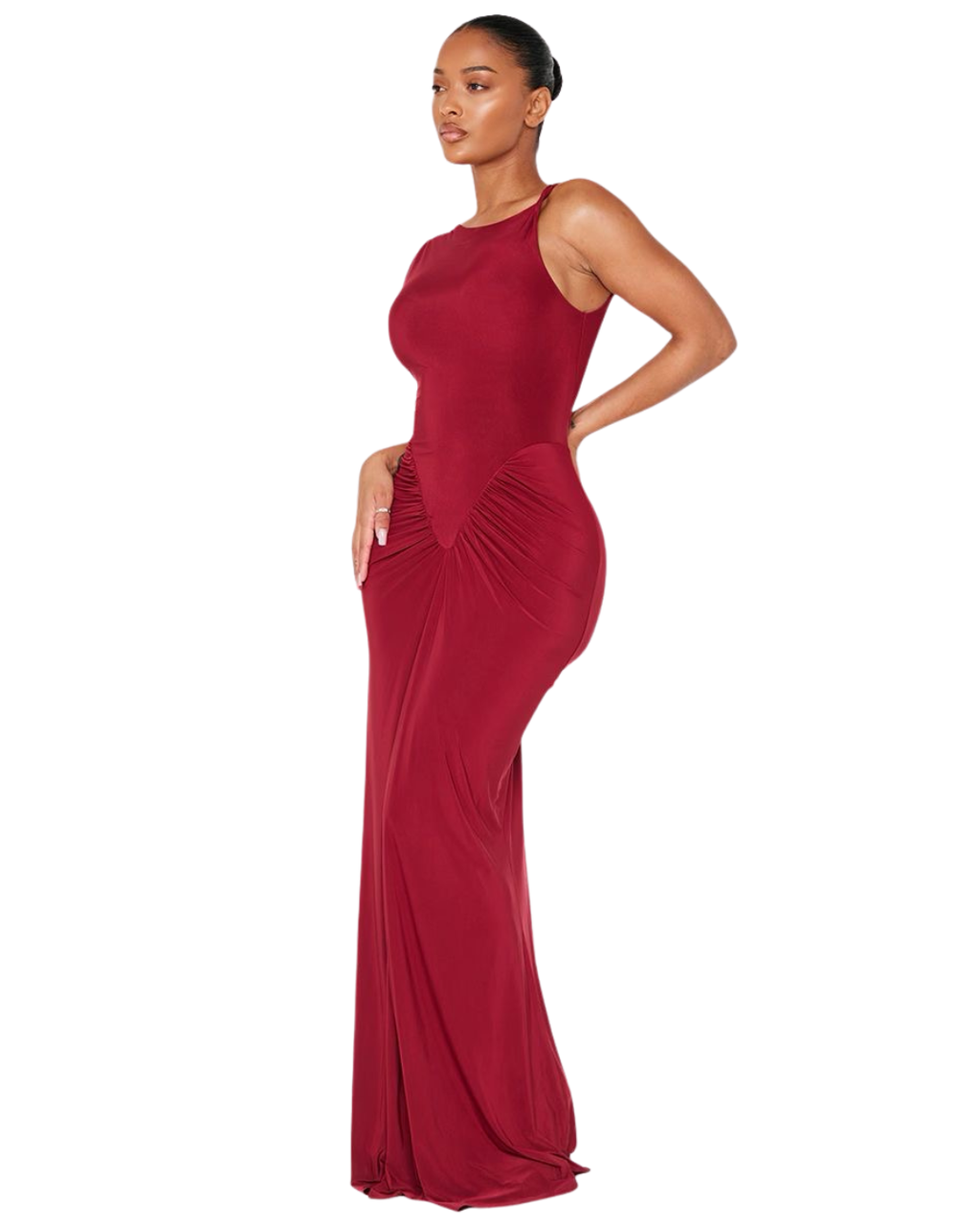 PRETTYLITTLETHING Shape Robe Longue Bordeaux Sans Manches à Taille en V Froncée