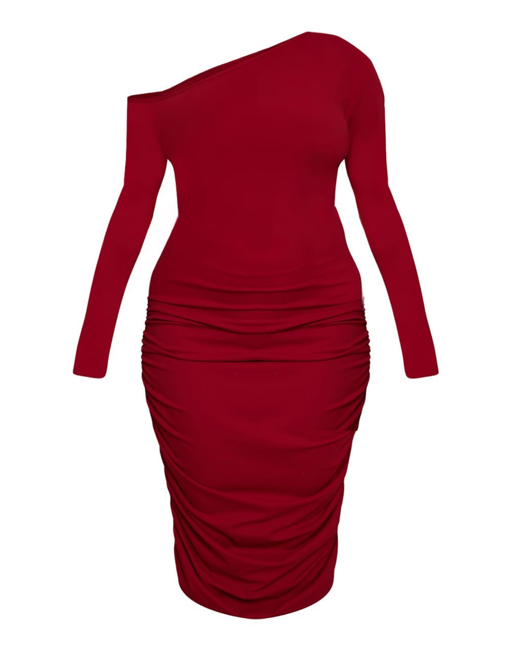 PRETTYLITTLETHING 
Plus Robe mi-longue en Sculpt bordeaux froncée à épaule unique