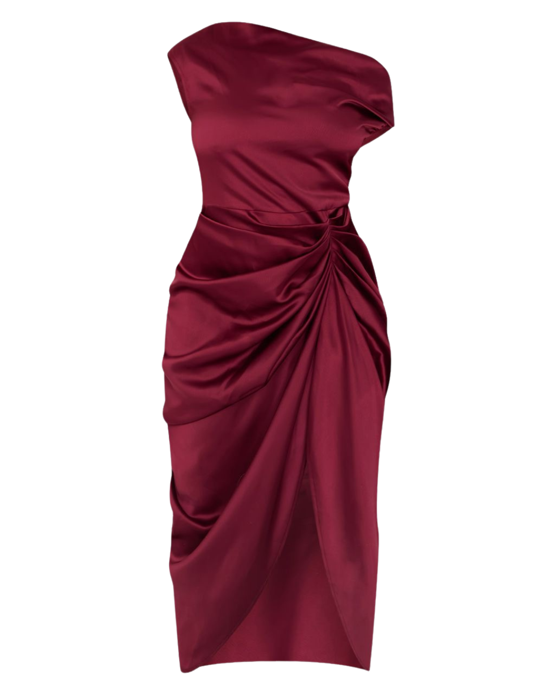 PRETTYLITTLETHING Robe mi-longue  Satinée drapée Bordeaux à épaules dénudées