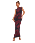 PRETTYLITTLETHING Robe Longue en Mesh Bordeaux Fleuri