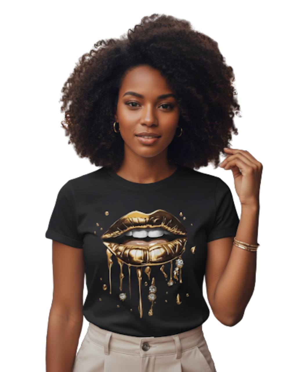 MAWEII  T-shirt col rond Noir à manches courtes, imprimé lèvres